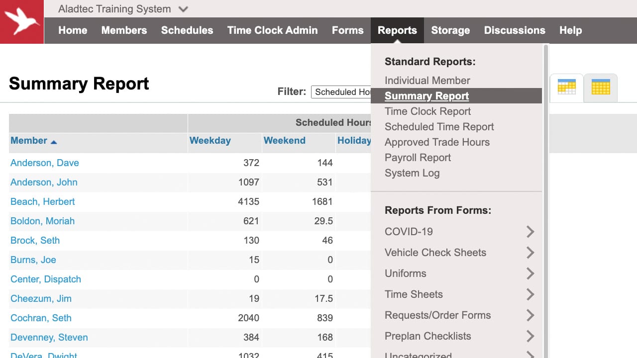 The Summary Report provides an overview of scheduled time, paid time off and time clock data in a single report.