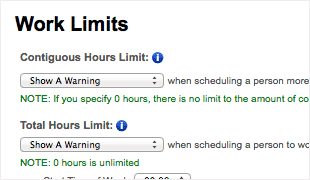 Work Groups screenshot in the Aladtec Application, demonstrating the work limits feature.