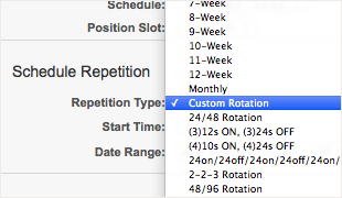 Repeats and Rotations screenshot in the Aladtec Application, demonstrating administrators' ability to continuously schedule employees on many popular public safety work rotations.