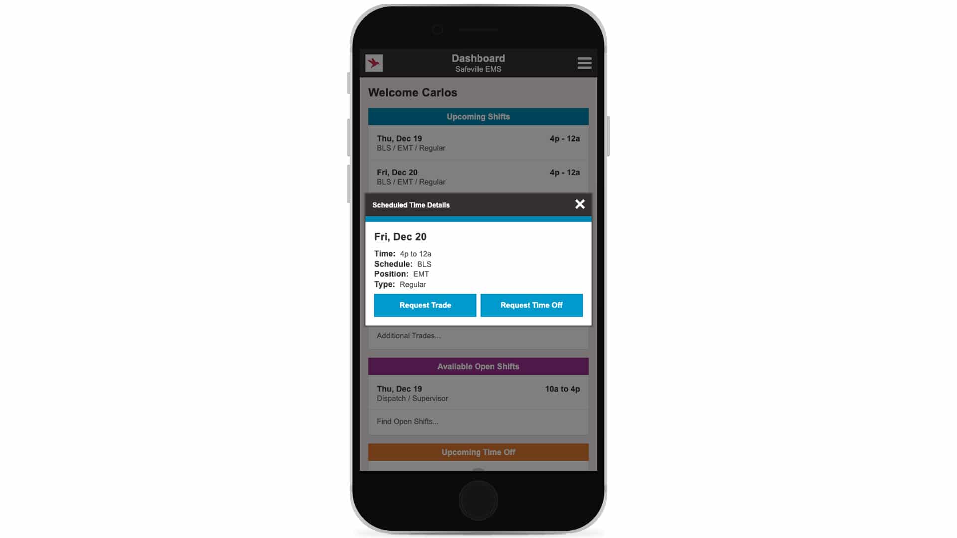 Requesting a trade on a mobile device using Aladtec Scheduling software