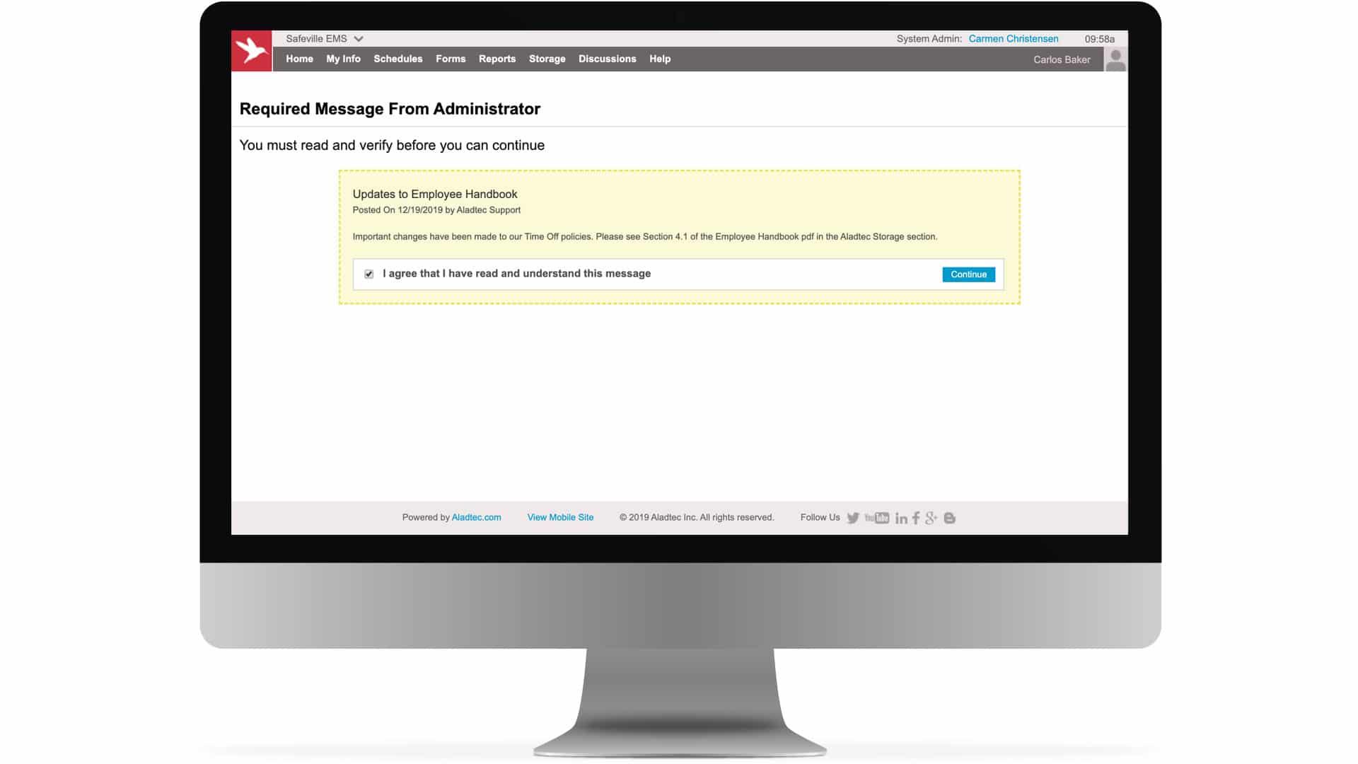 Aladtec required message on a desktop computer
