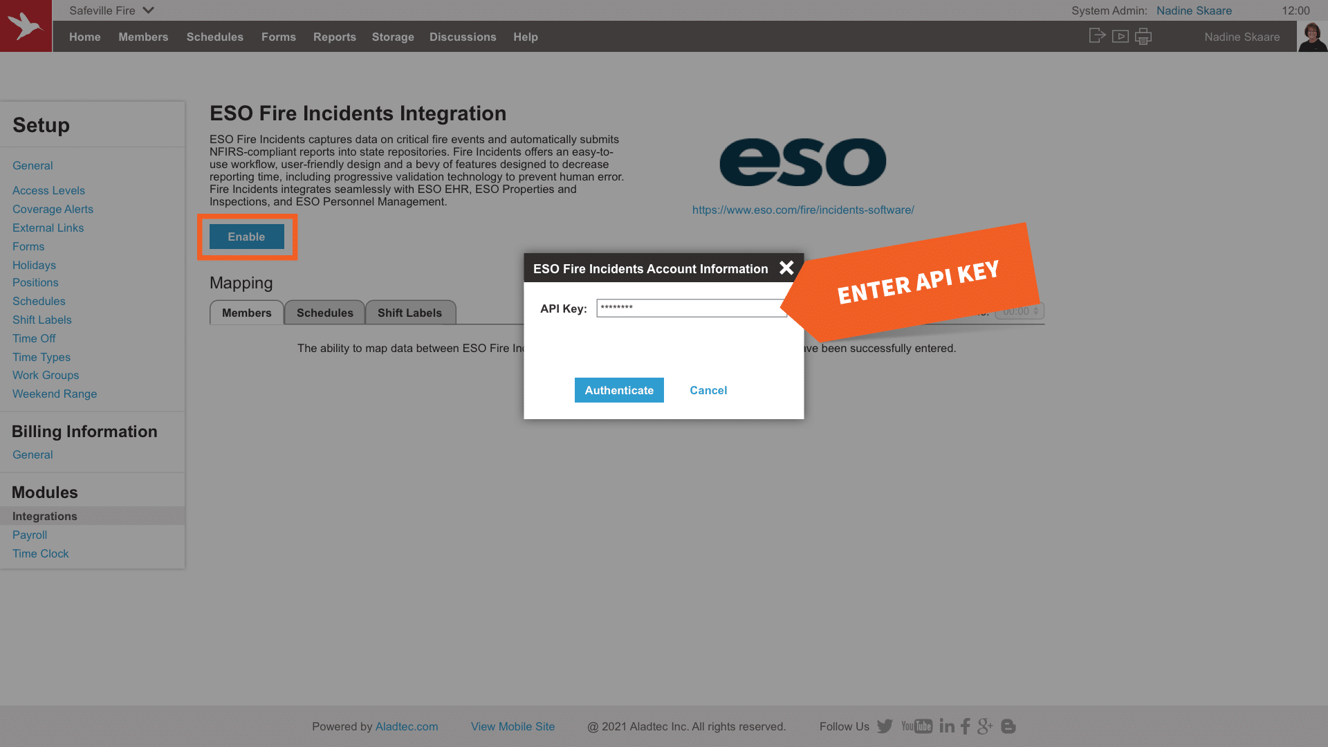 Enter the API Key from ESO to authenticate the integration, as seen below